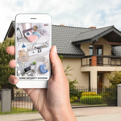 Houston vivint phone display of cctv live feed in front of a house